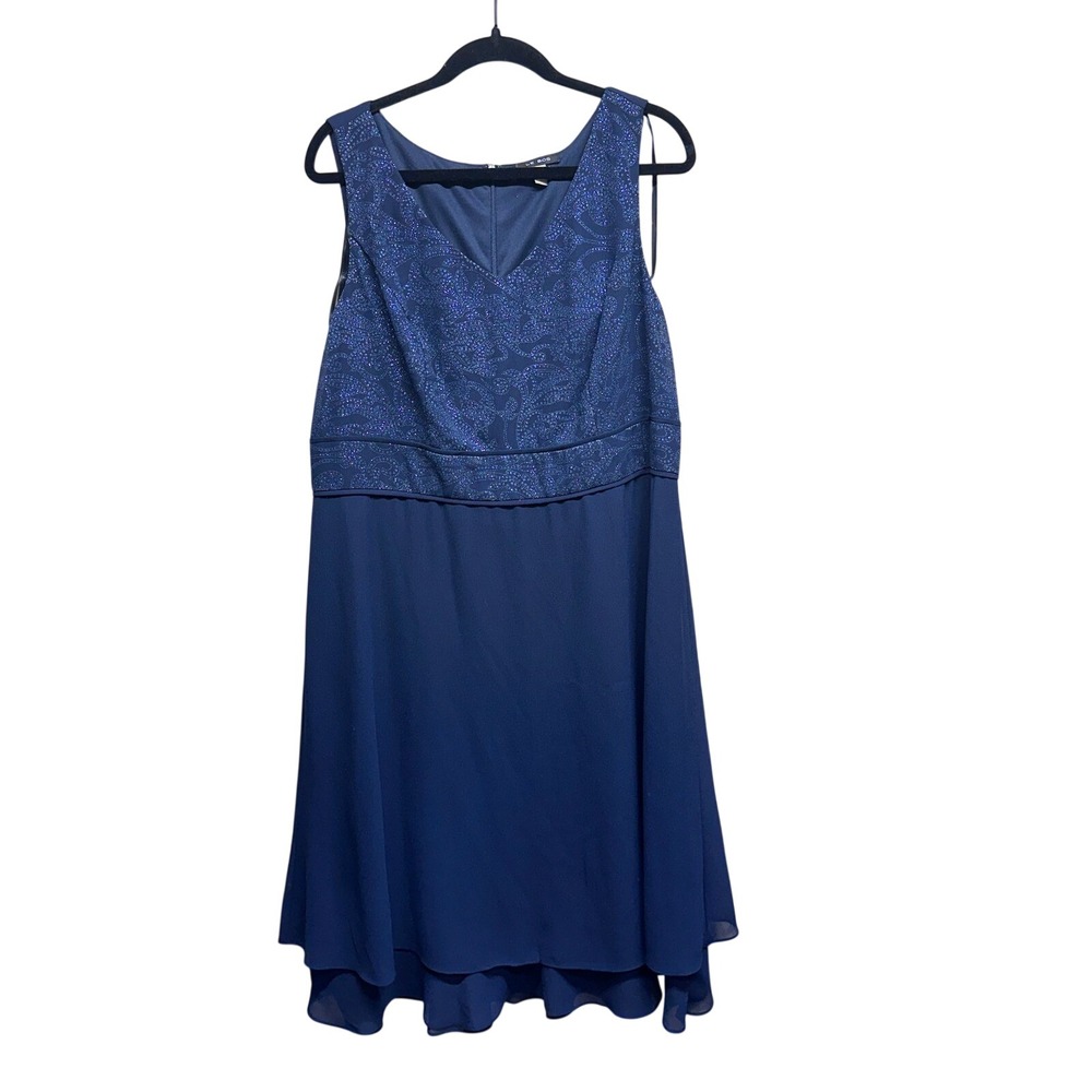 Le Bos Navy Blue Glitter Paisley Chiffon Layered Evening Dress Womens‎ 16 V-Neck
